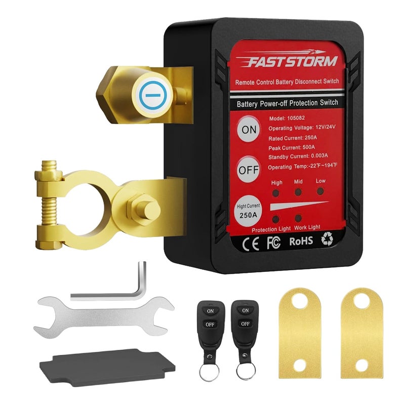 FASTSTORM 12V 24V 250A Black Remote Battery Disconnect Switch Remote Kill Switch for Car, Truck, RV, ATV, Boat, Anti-Theft, Automatic Power Shut Off with Wireless Remote Control - Image 1